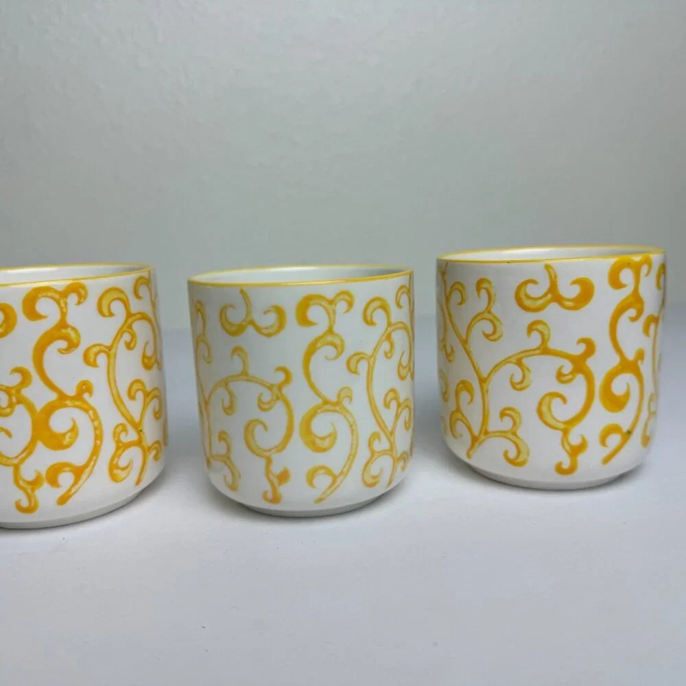 Pier 1 Imports Porcelain Coffee Cup Mug Yellow Pattern Set of 3